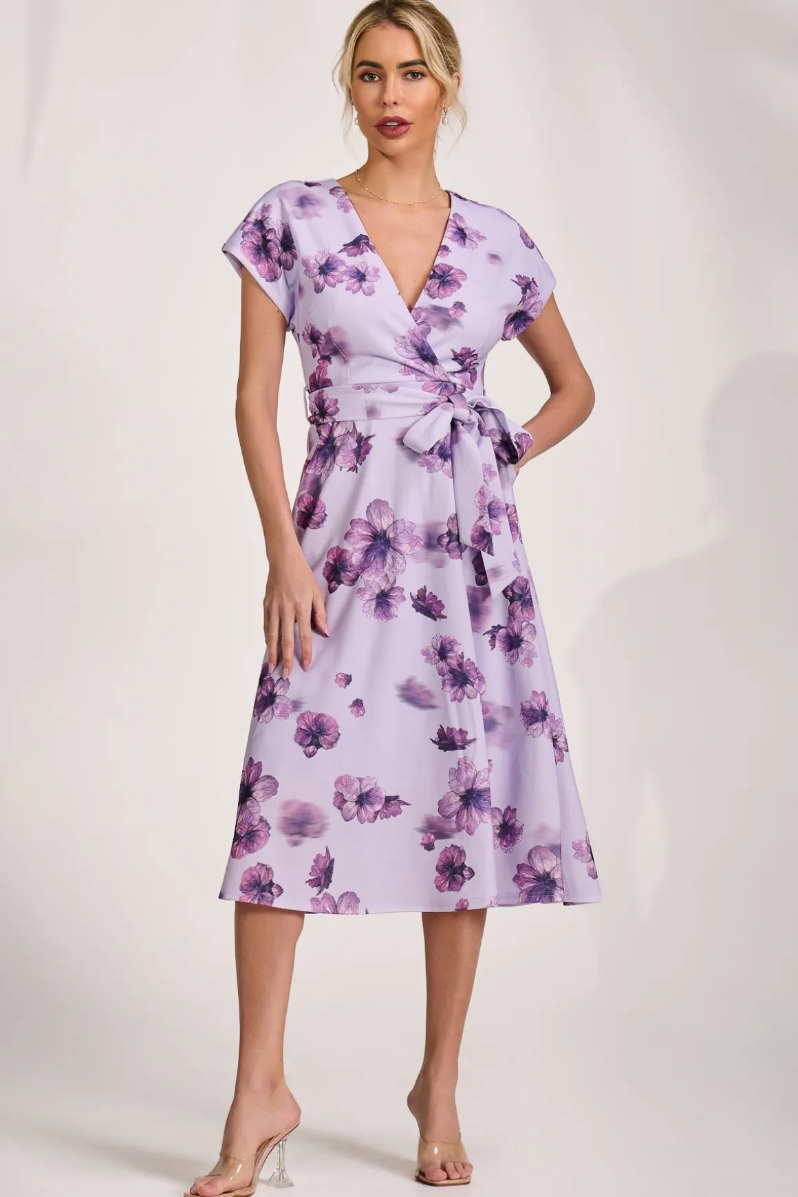 Kimono Sleeve Print Scuba Midi Dress, Pink Floral