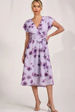 Kimono Sleeve Print Scuba Midi Dress, Pink Floral