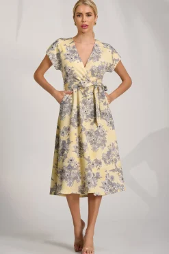 Kimono Sleeve Print Scuba Midi Dress, Yellow Floral