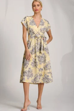 Kimono Sleeve Print Scuba Midi Dress, Yellow Floral