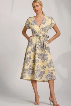 Kimono Sleeve Print Scuba Midi Dress, Yellow Floral
