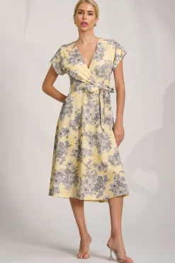 Kimono Sleeve Print Scuba Midi Dress, Yellow Floral