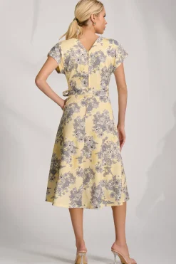 Kimono Sleeve Print Scuba Midi Dress, Yellow Floral