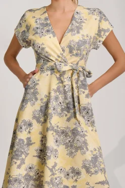 Kimono Sleeve Print Scuba Midi Dress, Yellow Floral