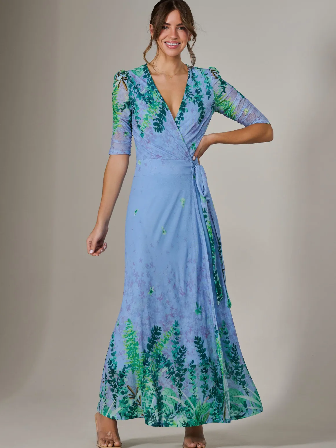 Kinley Print Wrap Mesh Maxi Dress, Green Multi