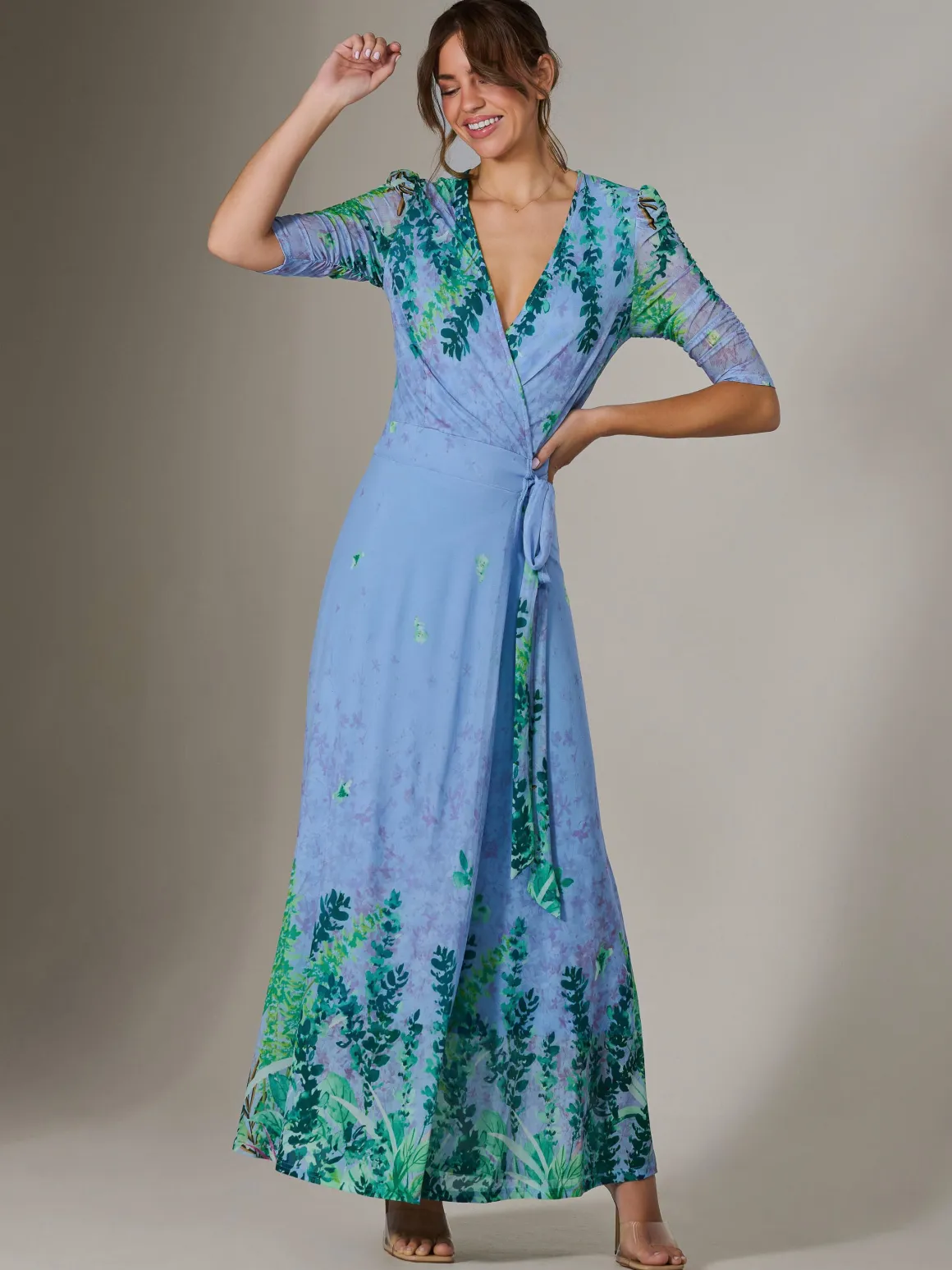 Kinley Print Wrap Mesh Maxi Dress, Green Multi