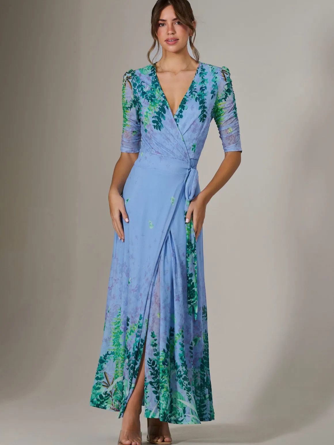 Kinley Print Wrap Mesh Maxi Dress, Green Multi