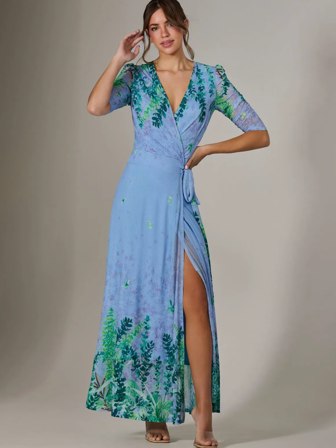 Kinley Print Wrap Mesh Maxi Dress, Green Multi