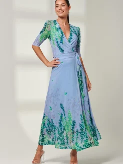 Kinley Print Wrap Mesh Maxi Dress, Green Multi