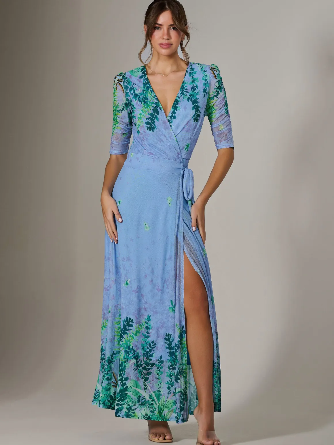 Kinley Print Wrap Mesh Maxi Dress, Green Multi
