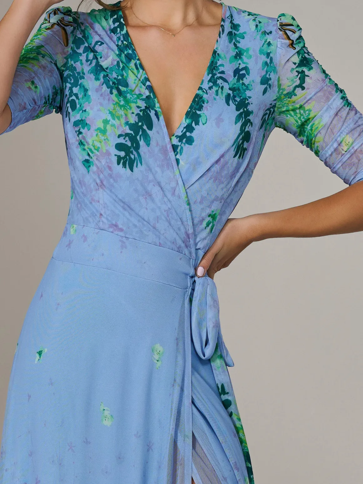 Kinley Print Wrap Mesh Maxi Dress, Green Multi