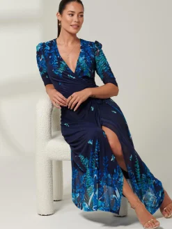 Kinley Print Wrap Mesh Maxi Dress, Navy Leafy