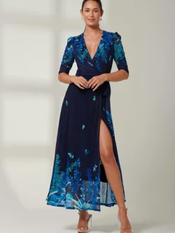 Kinley Print Wrap Mesh Maxi Dress, Navy Leafy