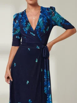 Kinley Print Wrap Mesh Maxi Dress, Navy Leafy