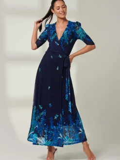 Kinley Print Wrap Mesh Maxi Dress, Navy Leafy