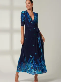 Kinley Print Wrap Mesh Maxi Dress, Navy Leafy
