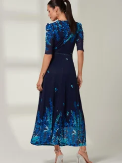 Kinley Print Wrap Mesh Maxi Dress, Navy Leafy