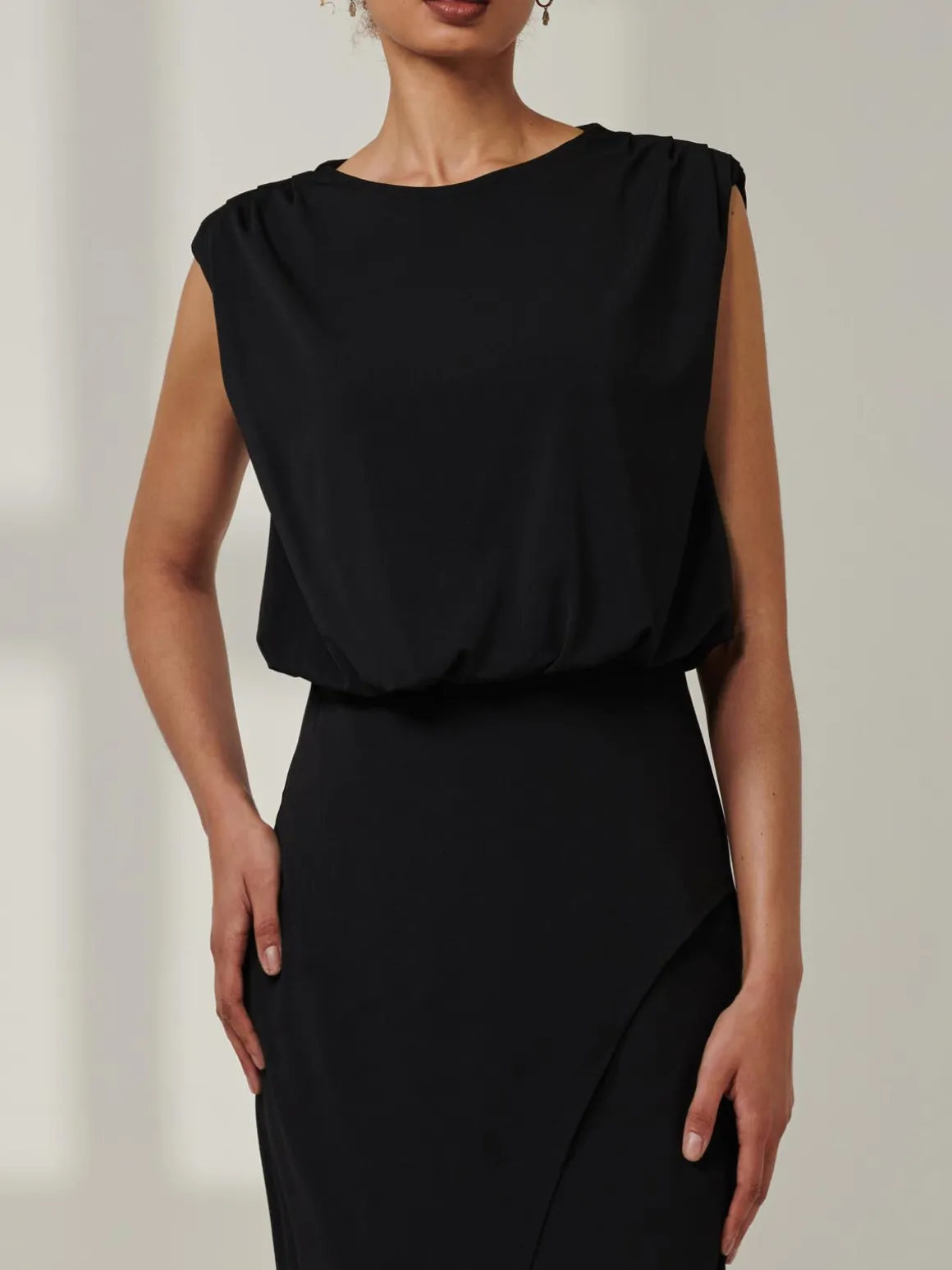 Kira Tiered Draped Bodycon Dress, Black