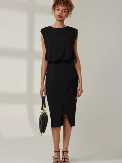 Kira Tiered Draped Bodycon Dress, Black
