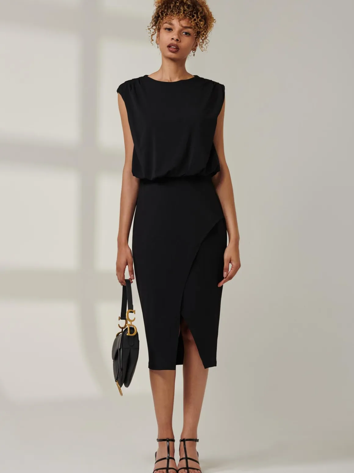 Kira Tiered Draped Bodycon Dress, Black