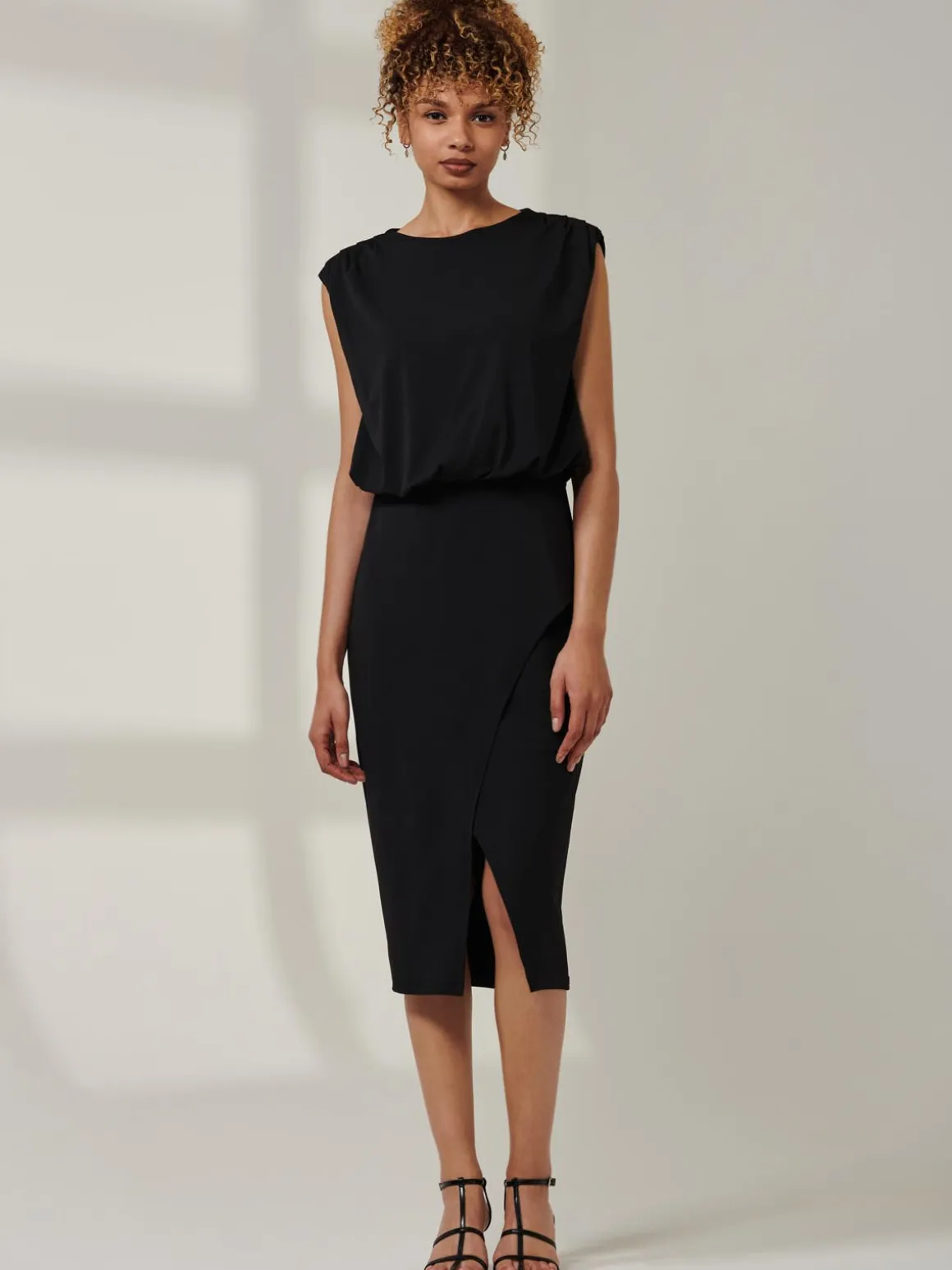 Kira Tiered Draped Bodycon Dress, Black