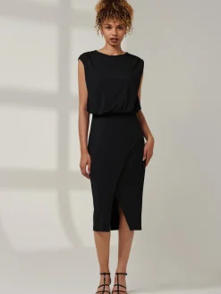 Kira Tiered Draped Bodycon Dress, Black
