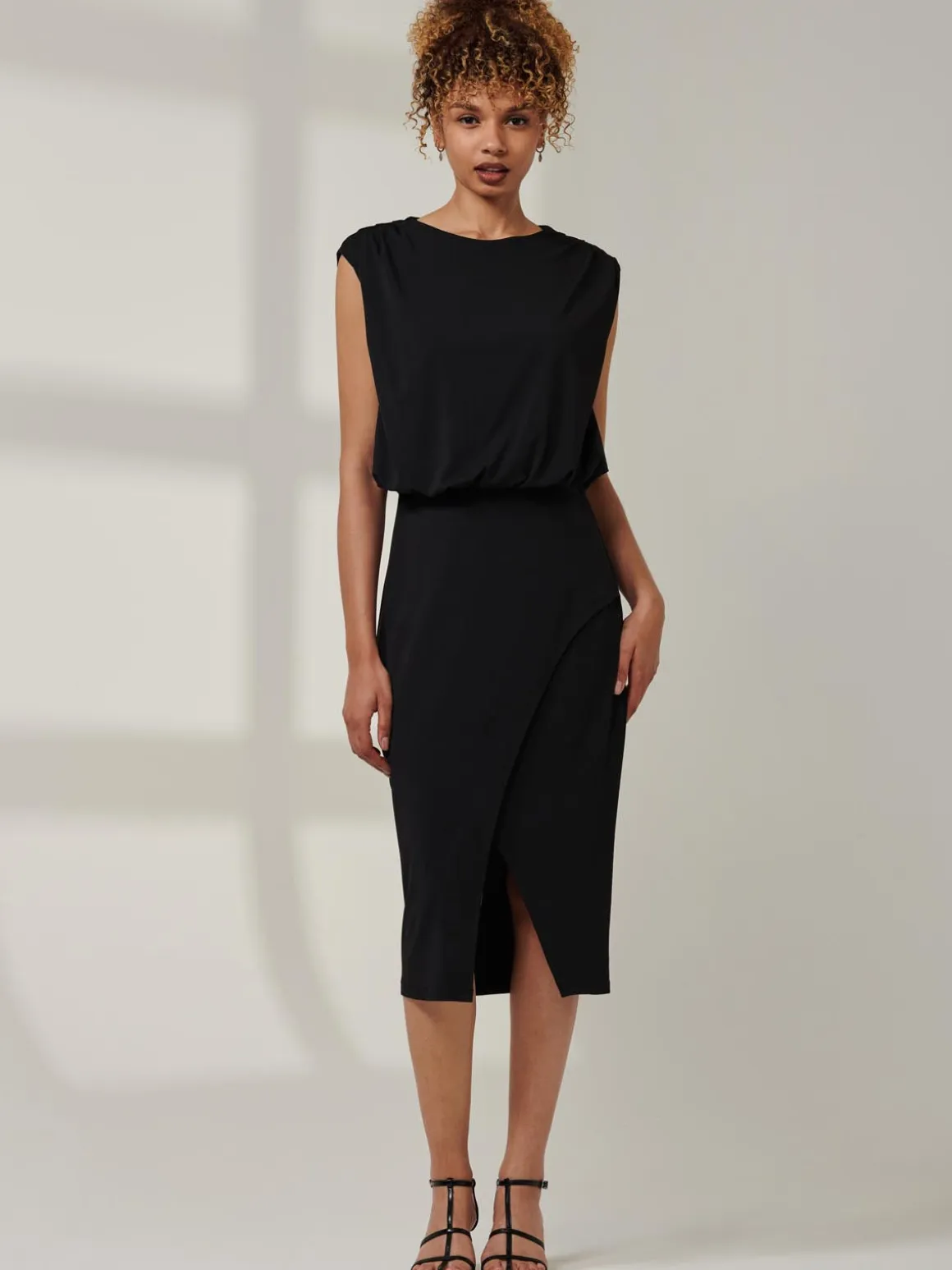 Kira Tiered Draped Bodycon Dress, Black