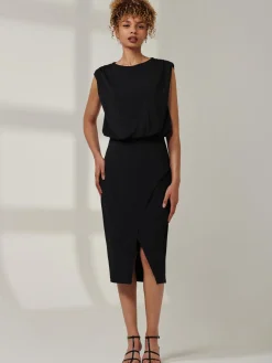Kira Tiered Draped Bodycon Dress, Black
