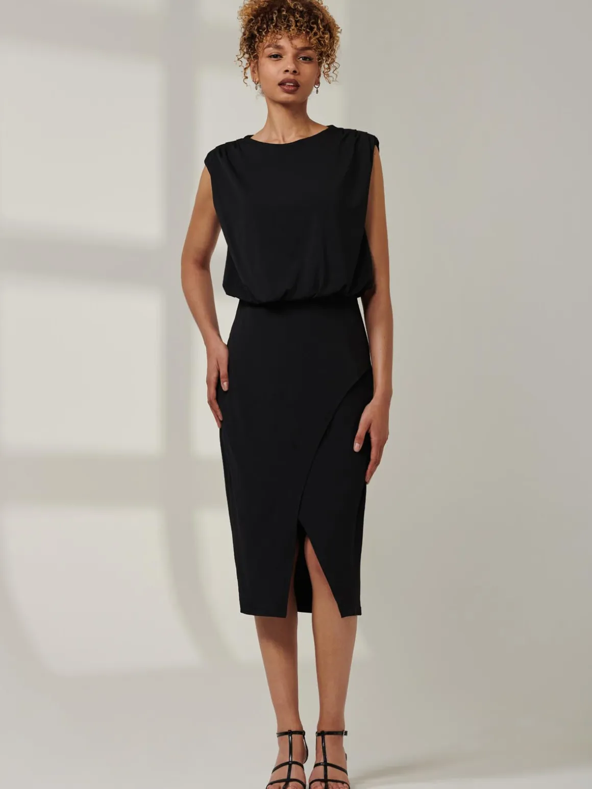 Kira Tiered Draped Bodycon Dress, Black