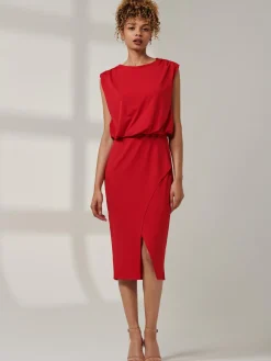 Kira Tiered Draped Bodycon Dress, Red