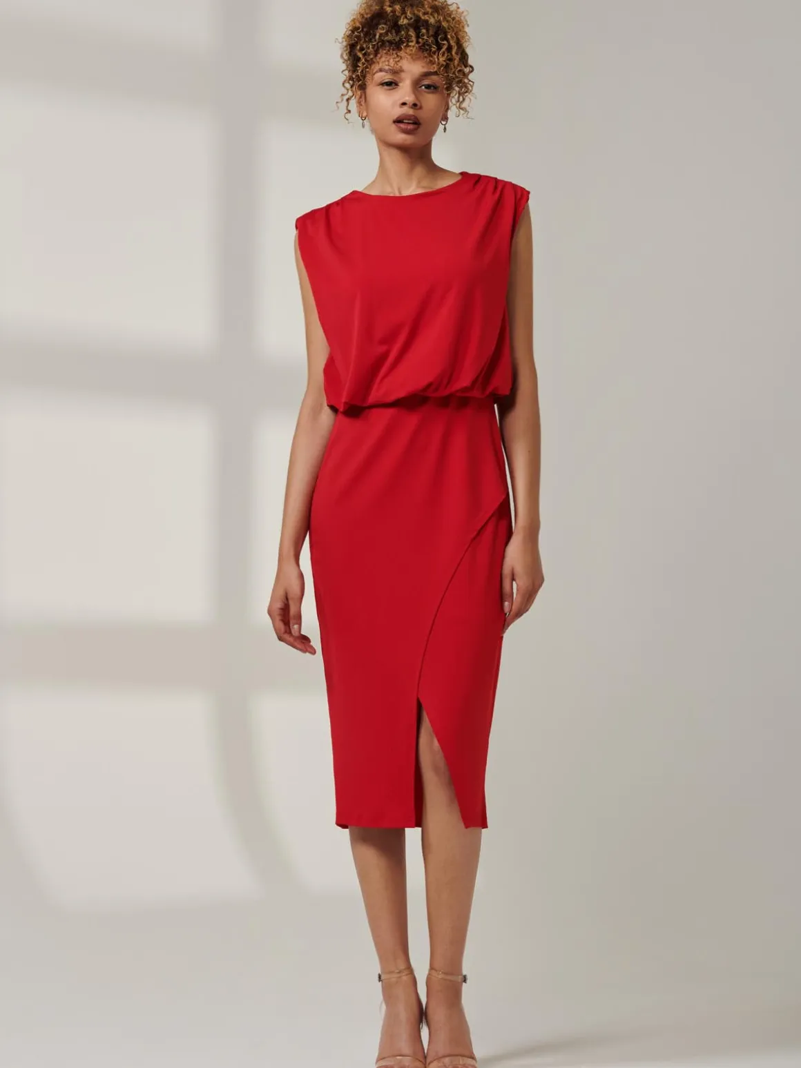 Kira Tiered Draped Bodycon Dress, Red