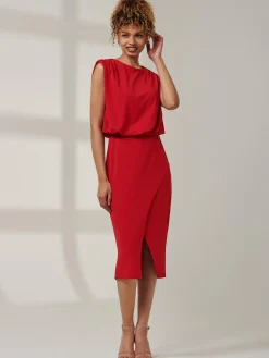 Kira Tiered Draped Bodycon Dress, Red