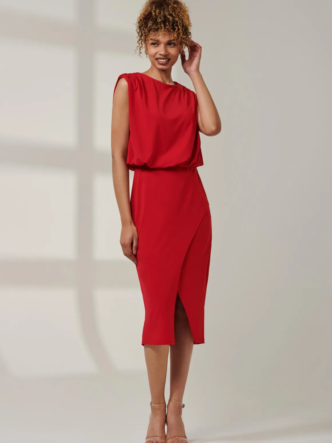 Kira Tiered Draped Bodycon Dress, Red