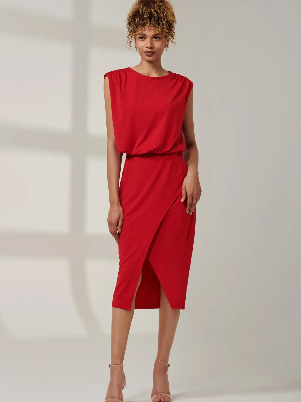 Kira Tiered Draped Bodycon Dress, Red