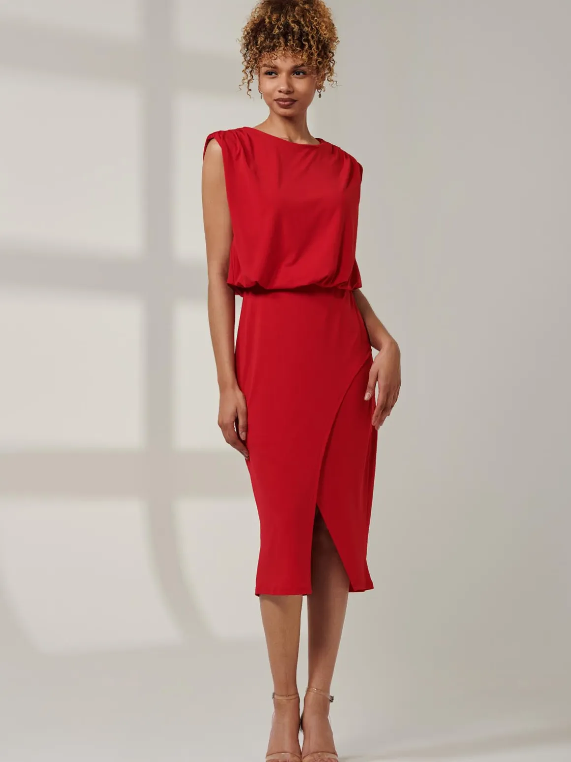 Kira Tiered Draped Bodycon Dress, Red