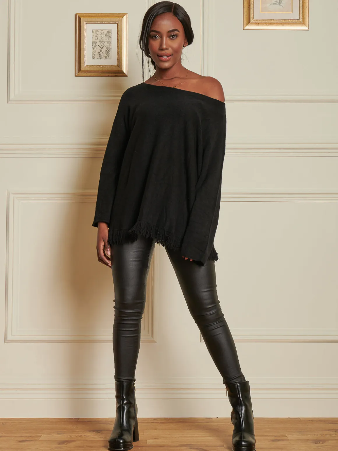Knitted Fringe Detail Jumper, Black