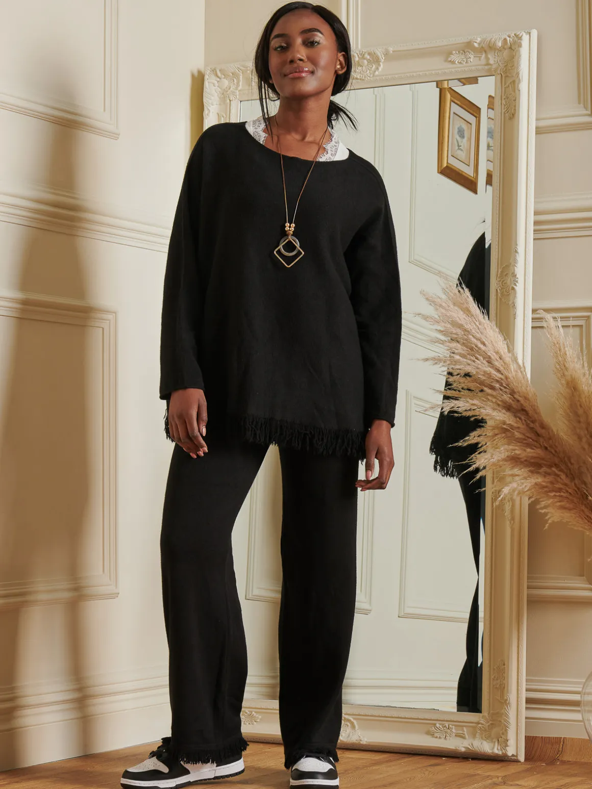 Knitted Fringe Detail Jumper, Black