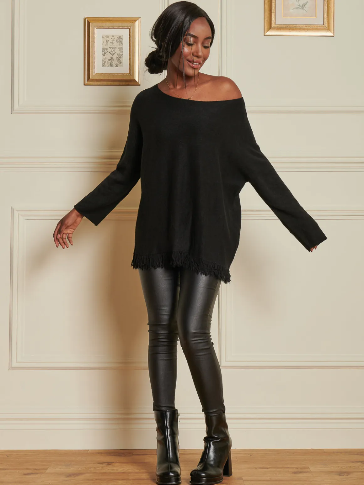 Knitted Fringe Detail Jumper, Black