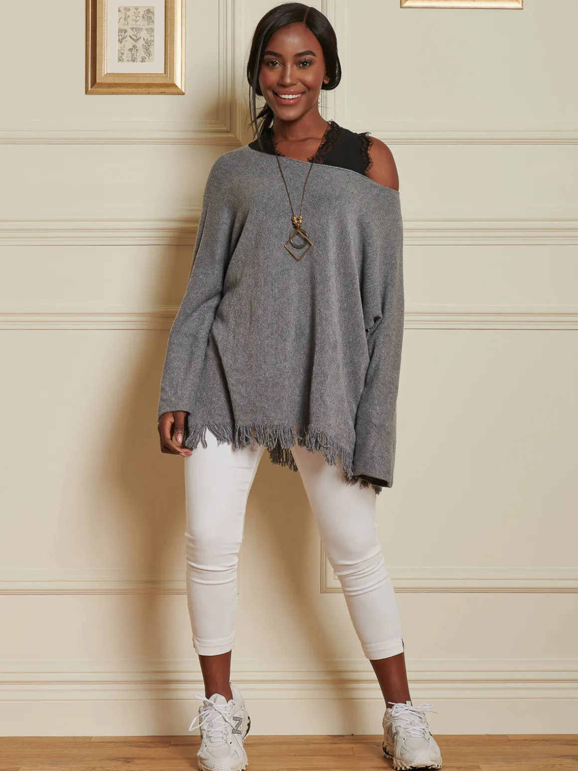 Knitted Fringe Detail Jumper, Grey