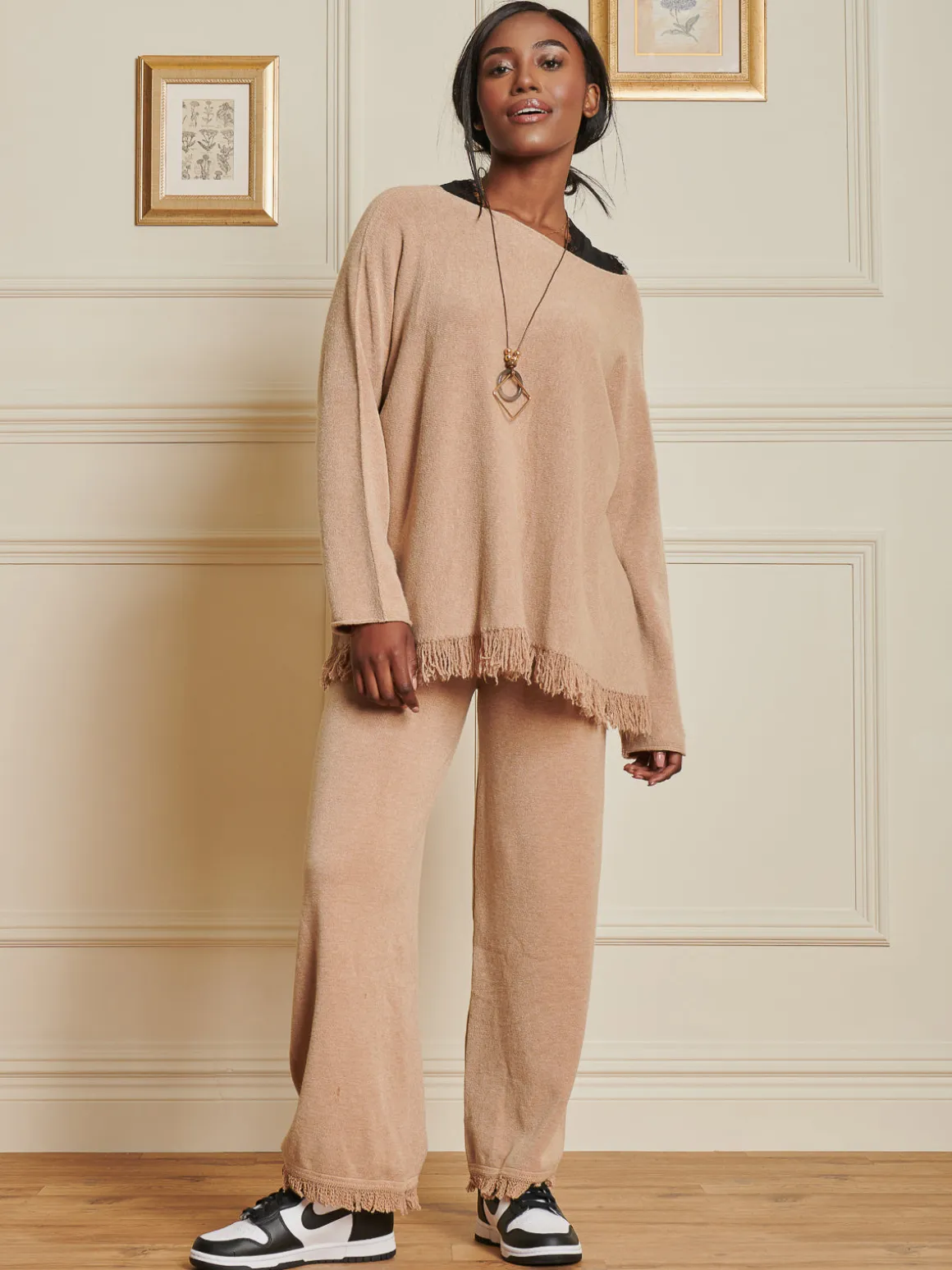 Knitted Fringe Detail Jumper, Khaki