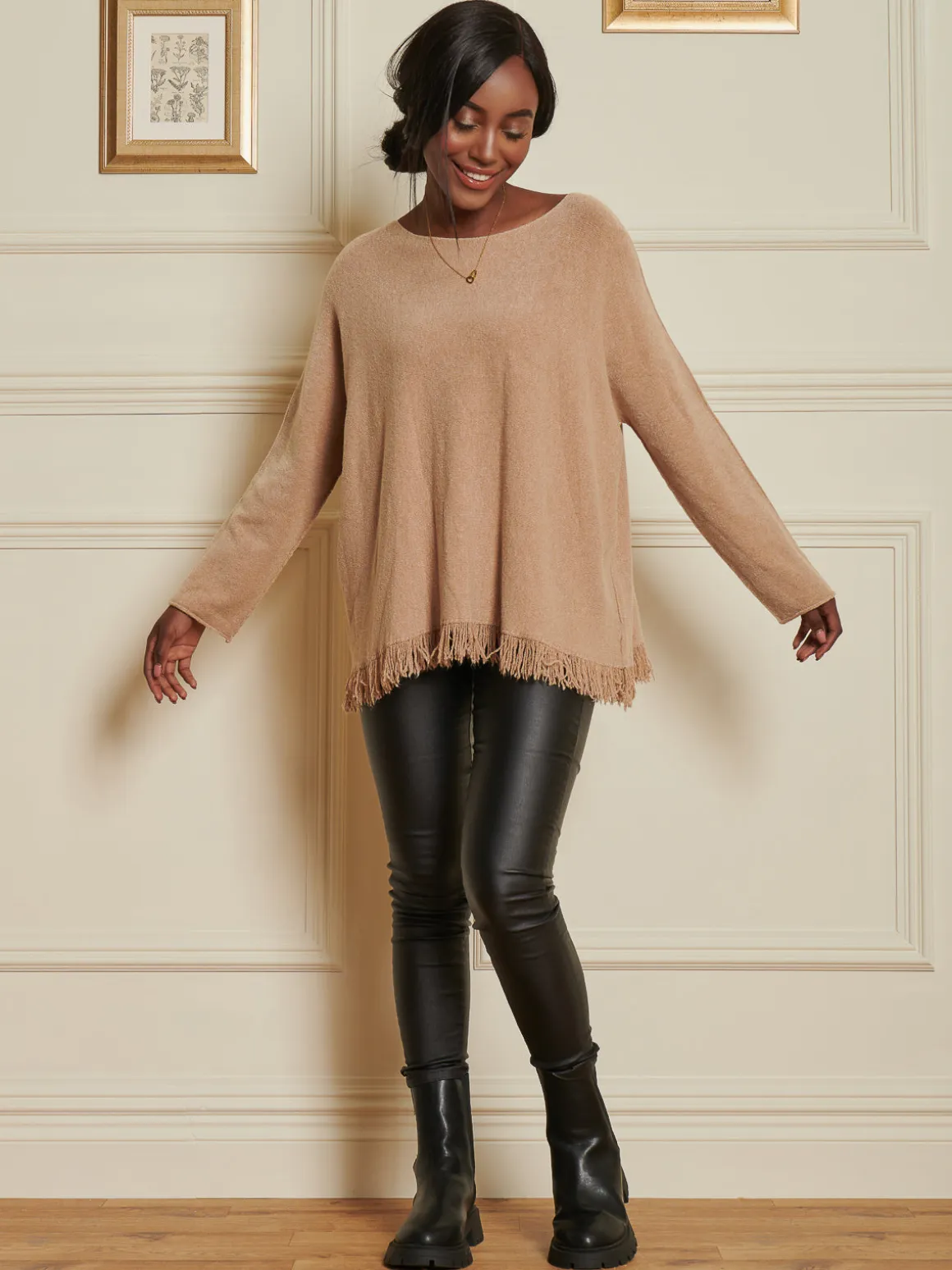 Knitted Fringe Detail Jumper, Khaki
