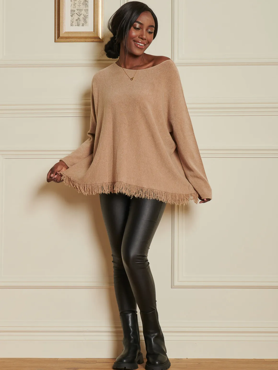 Knitted Fringe Detail Jumper, Khaki