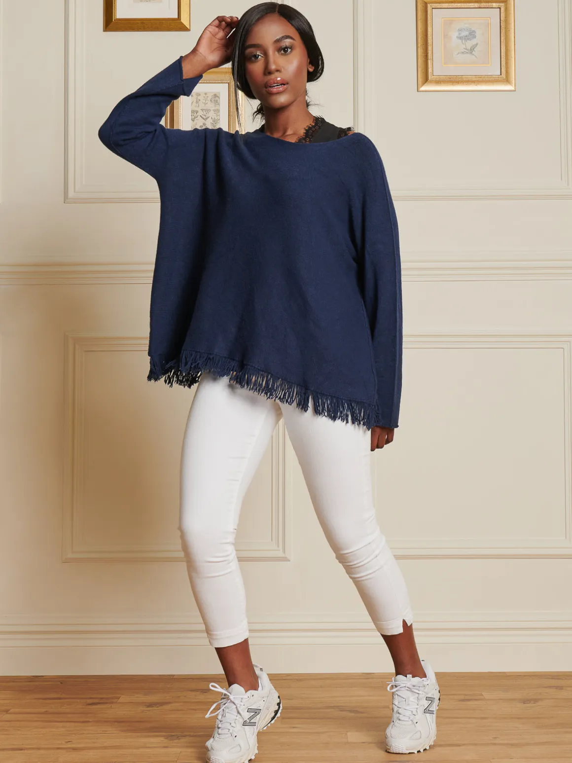 Knitted Fringe Detail Jumper, Navy