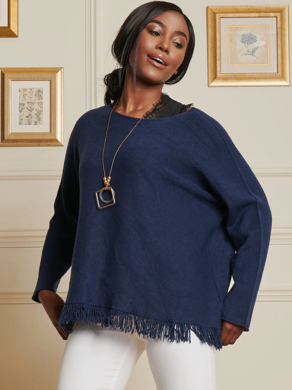 Knitted Fringe Detail Jumper, Navy
