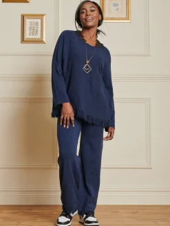 Knitted Fringe Detail Jumper, Navy