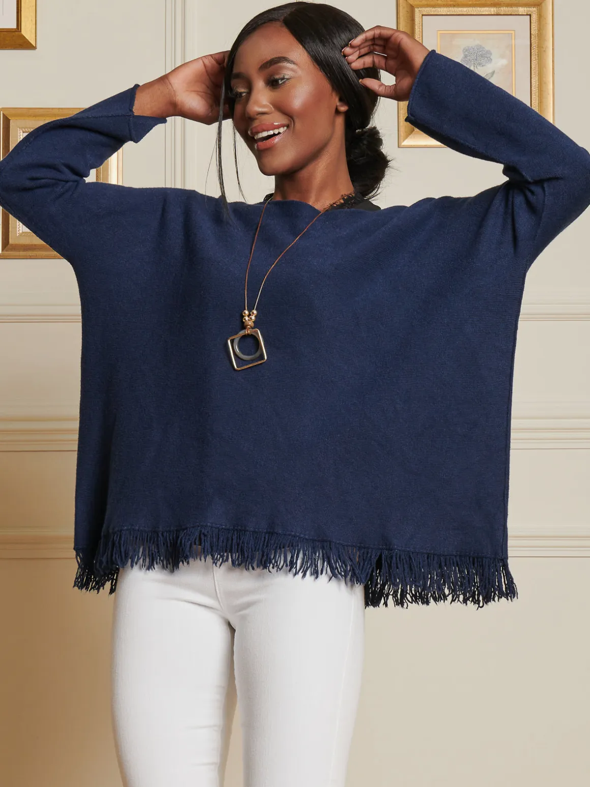 Knitted Fringe Detail Jumper, Navy