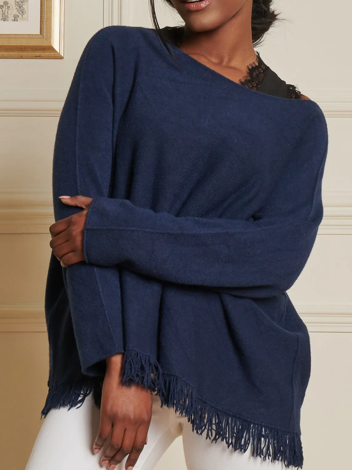 Knitted Fringe Detail Jumper, Navy