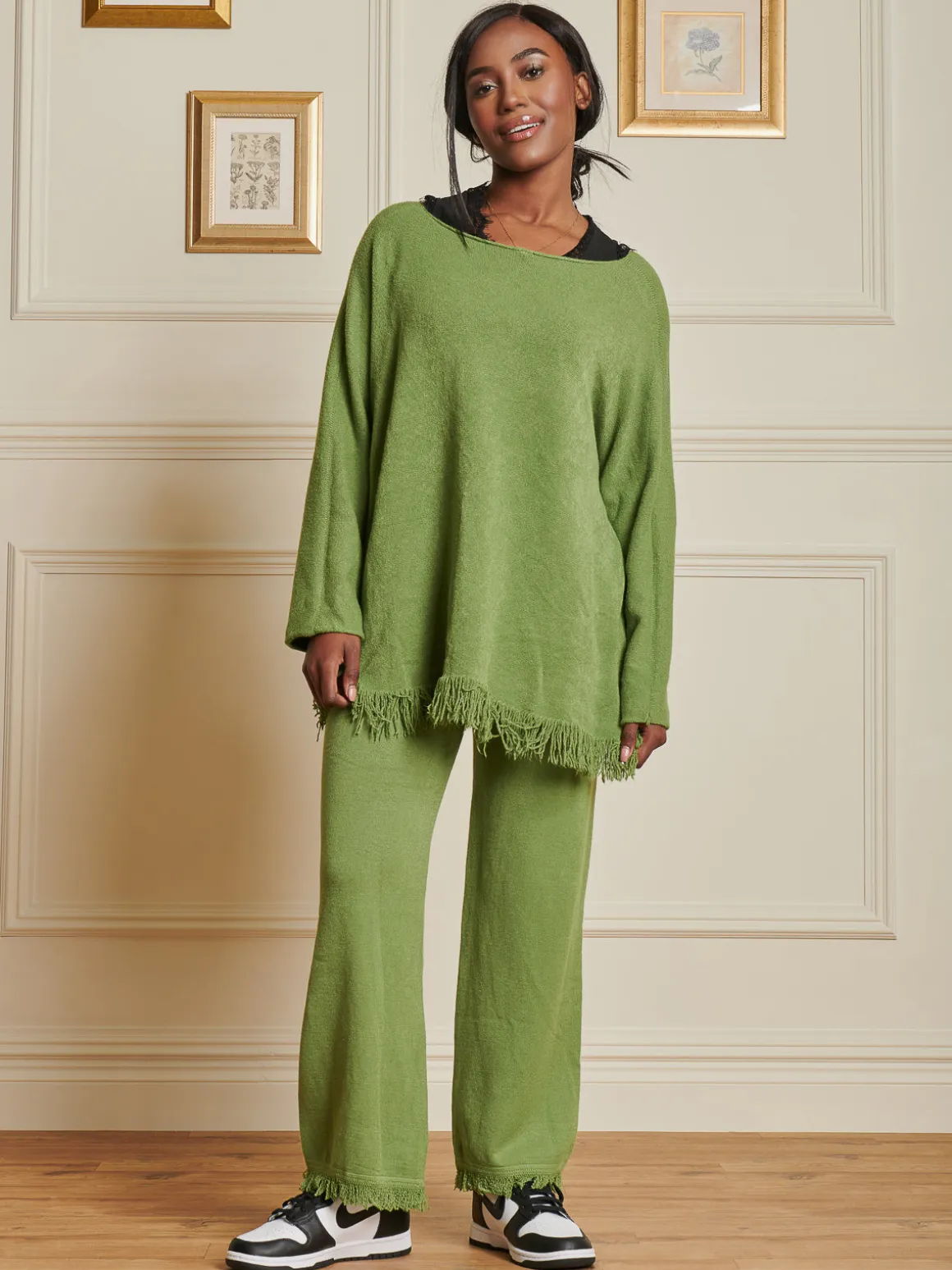 Knitted Fringe Detail Jumper, Olive Green