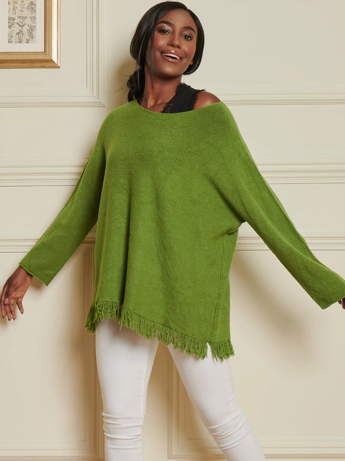 Knitted Fringe Detail Jumper, Olive Green