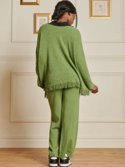Knitted Fringe Detail Jumper, Olive Green
